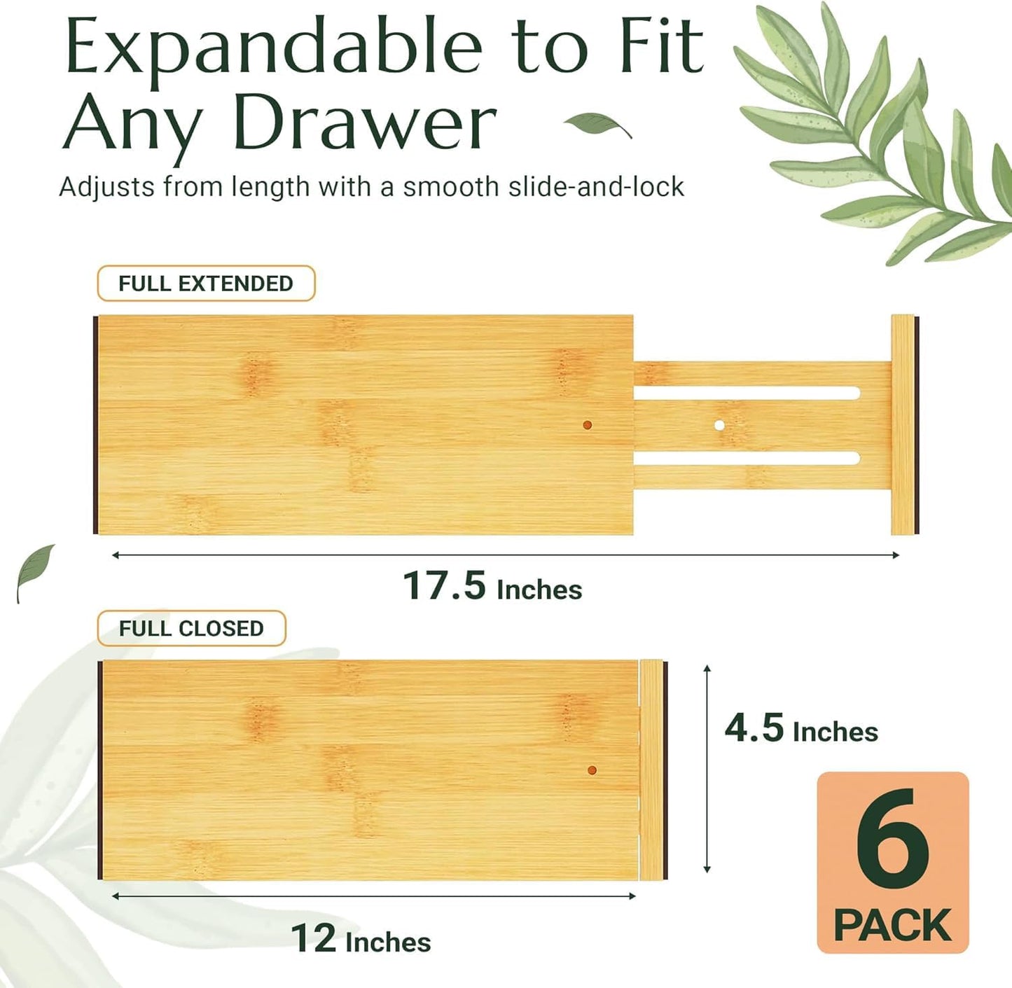 Adjustable Bamboo Drawer Dividers 6 Pack, Expandable Drawer Organizer for Kitchen, Bedroom, Bathroom and Dresser, Each Divider Expands from 12" to 17.5" Height 4.5 – Free Mat Included in Package.