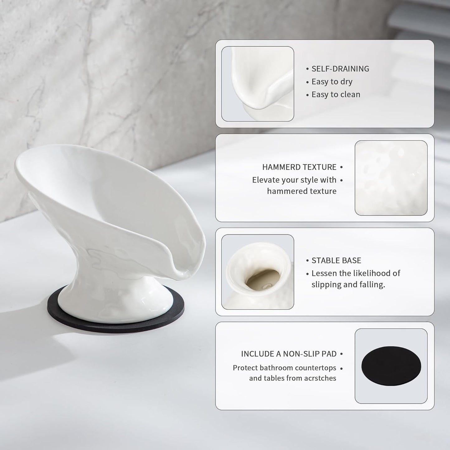 Self Draining Soap Dish,Soap Bar Holder for Shower,White Ceramic Soap Dishes for Bathroom Kitchen Shower Keeps Soap Dry, Easy to Clean(Gloss White)