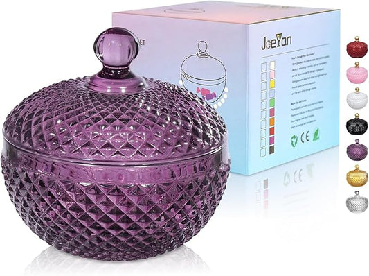 Joeyan 12 oz Small Dark Purple Glass Jars with Lid,Embossed Candy Dishes,Diamond Faceted Food Container,Decorative Jewelry Box Apothecary Canisters,Colored Kitchen Bathroom Buffet Storage Organizer