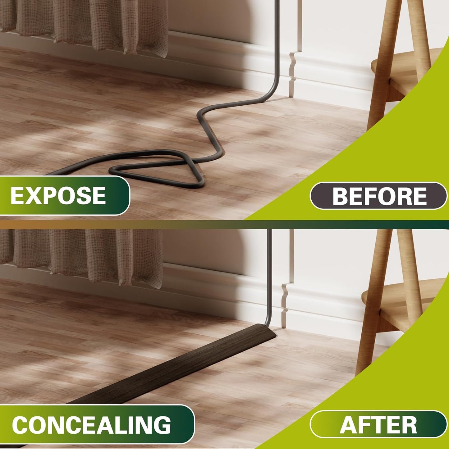 Floor Cord Cover Cable Cavity Self Adhesive Cord Hider Floor, Floor Electric Cord Covers, for Living Rooms, Rooms, Offices Floor Cable Cover - Cord Protector (Black Wood, 1.18" x 3.3')