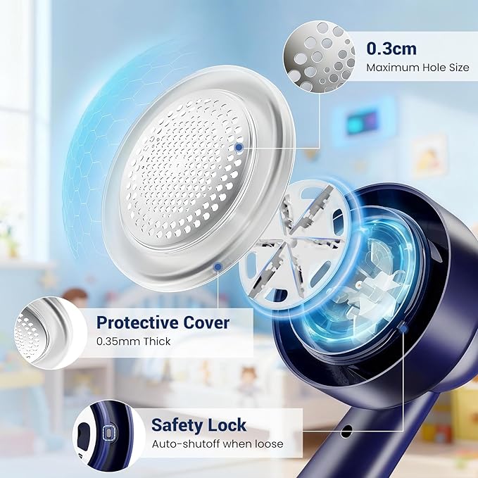 DBC Fabric Shaver and Lint Remover, Sweater Shaver with 3-Speeds and 6-Leaf Blades, 2hours runtime, 2 Replaceable Blades, Battery Operated, Remove Pilling, Furniture, Fuzz, Lint Ball - Blue