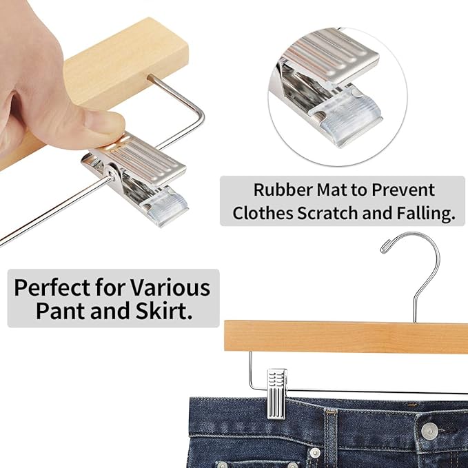 AMKUFO 20pcs Wooden Pants Hangers Solid Pants Hanger with Adjustable Clips 14 Inch Natural Wood Skirt Hangers Trousers Bottom Hanger with Non-Slip Clips and 360° Swivel Hook