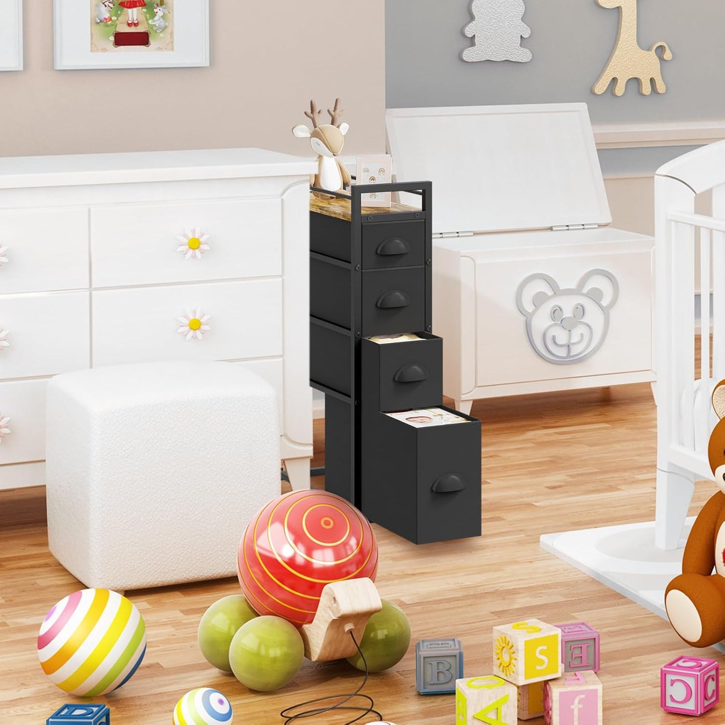 LASZOLA 4 Drawer Narrow Dresser Slim Cabinet Skinny Storage Tower Chest, Ideal for Small Spaces Bathroom Bedroom, Between Washer and Dryer, Lightweight Mobile on Wheels, Sturdy Fabric Drawers, Black