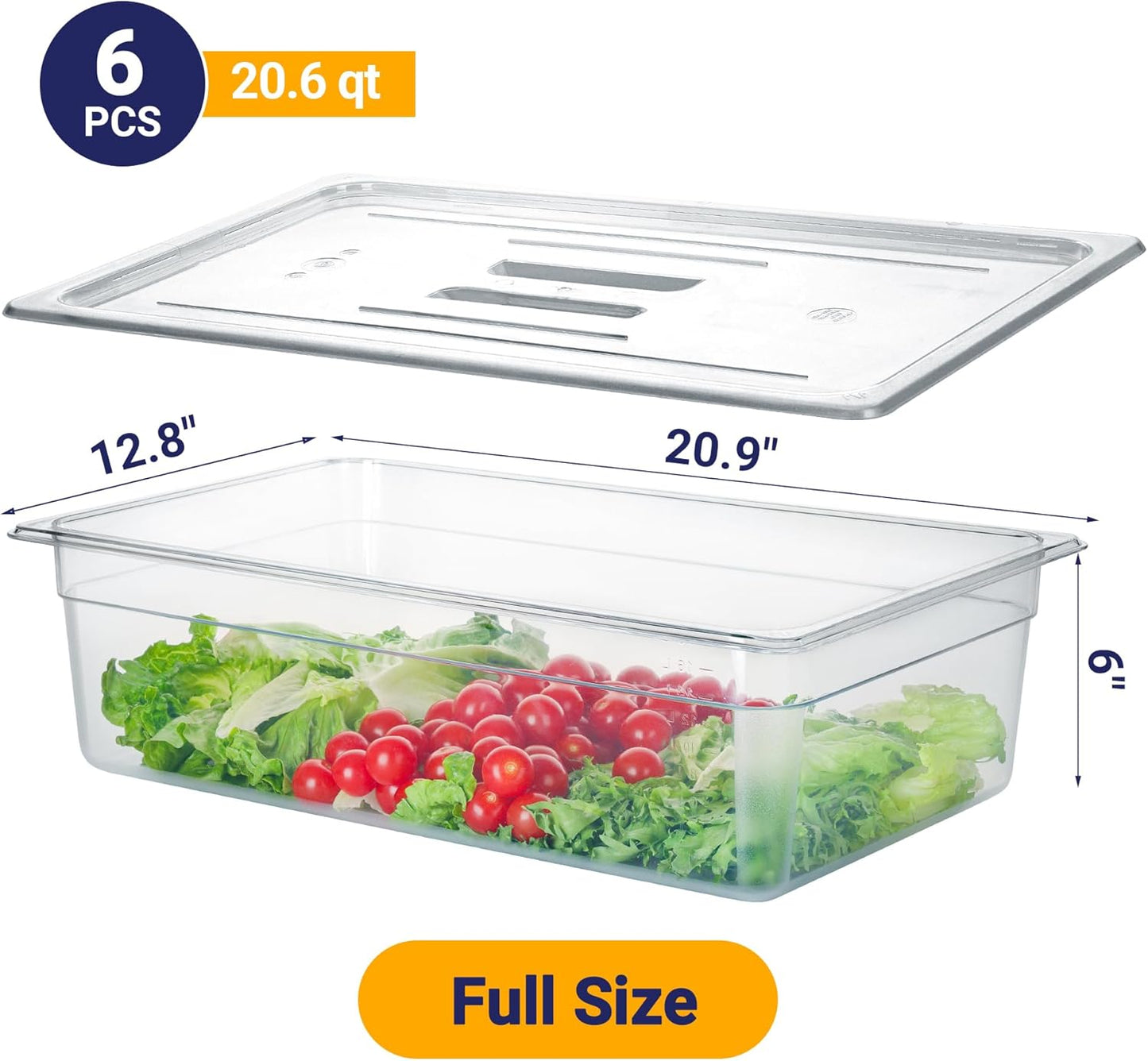6 Pack NSF Food Pans with Lids, Full Size 6'' Deep Commercial Food Storage Containers, Polycarbonate, Clear