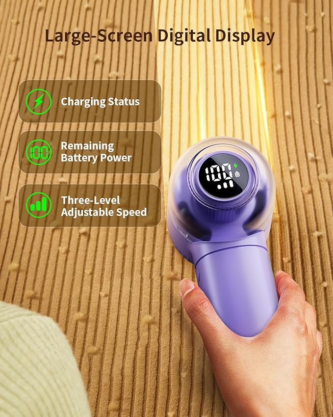 coldSky Fabric Shaver, 𝟮 𝗶𝗻 𝟭 Lint Remover with Brush, 1200mAh Sweater Shaver with Digital Display,3 Speeds Lint Shaver, 6-Leaf Blades Lint Remover for Clothes, Sofa, Bedding,Purple