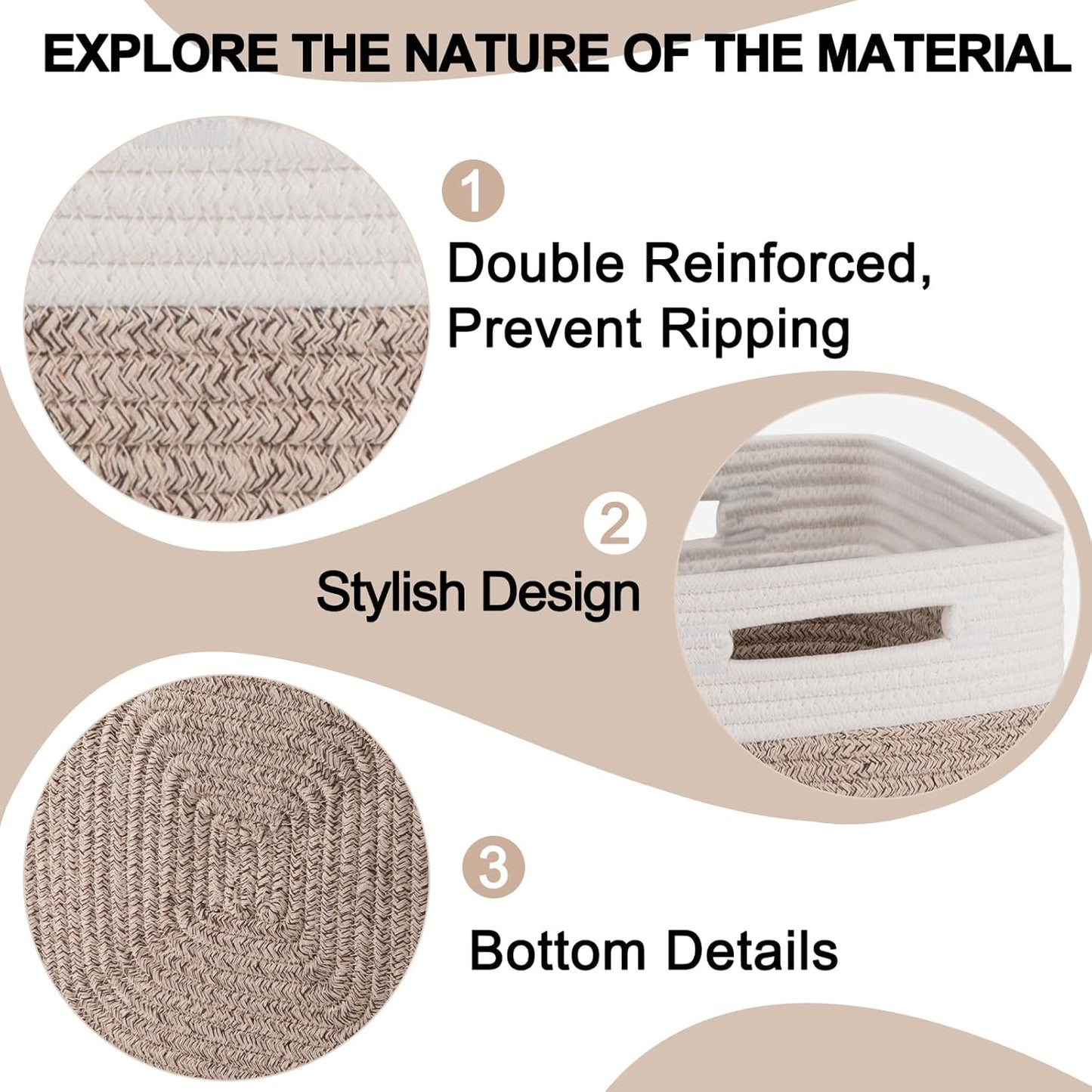 OIAHOMY Cube Storage Basket, 3-Pack Woven Cotton Rope Baskets, 11-Inch Cube Basket with Handles, Great for Shelves, Closets, Children's Toy Organization - White & Brown