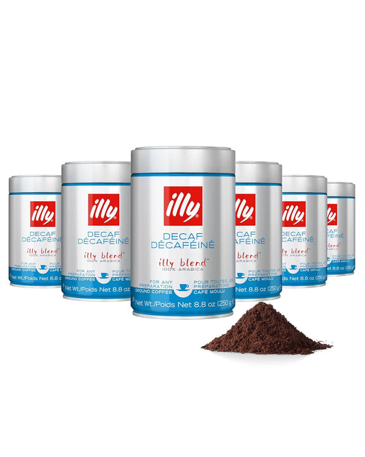 Illy Ground Espresso Coffee, Decaffeinated - Medium Roast - Mild & Balanced - 100% Arabica - Pressurized Packaging Sealed for Freshness - 8.8oz (Pack of 6)