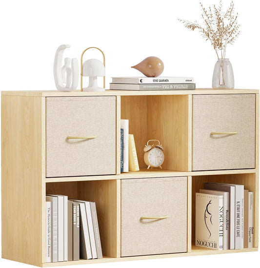 6 Cube Storage Organizer - Solid Wood Bookshelf with 3 Storage Bins, Cube Shelf with 2 Removable Back Panels, Vertical or Horizontal Bookcase, Open Book Shelf for Bedroom, Living Room, Office