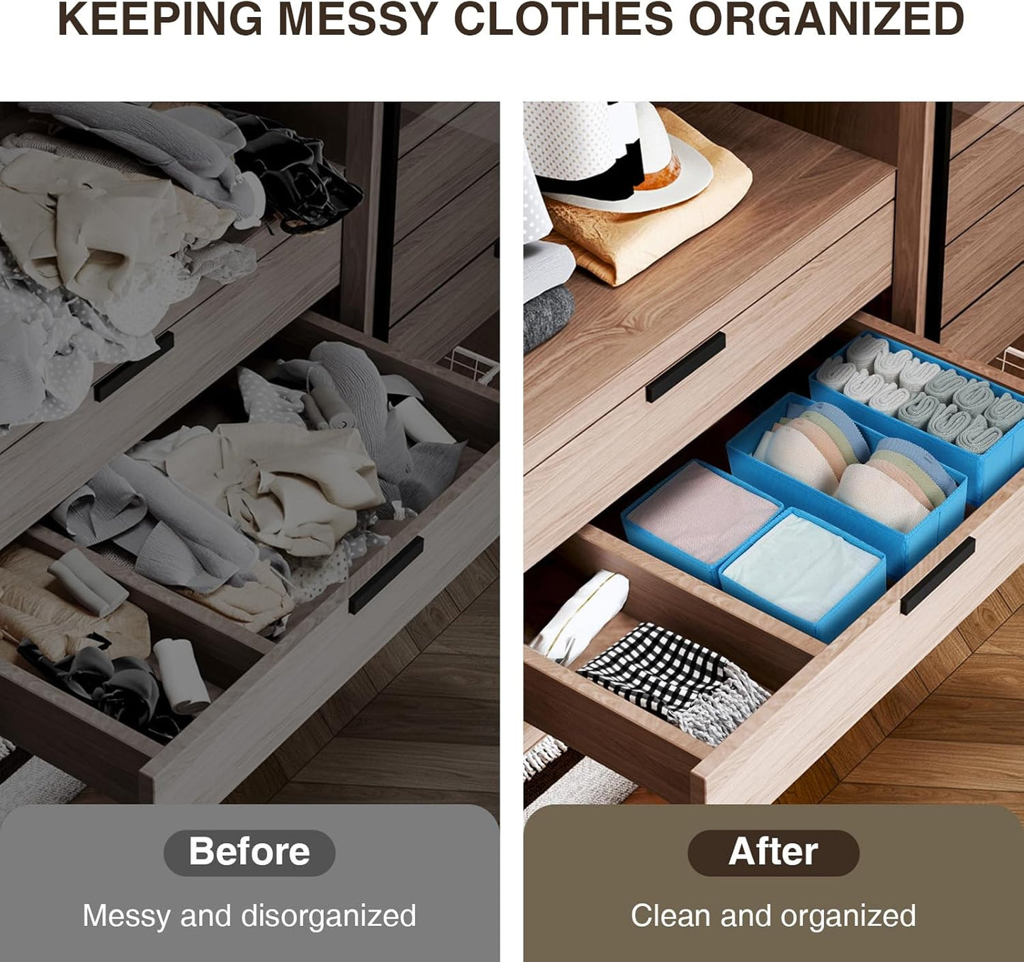 DIMJ Drawer Organizers - Set of 4 Fabric Closet Organizers and Storage, Drawer Dividers for Baby Clothes, Socks, Belt, Tie (Blue)