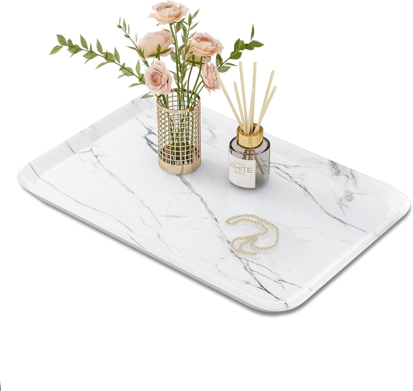 Vanity Decorative Glass Tray,12" x 8" White Marble Pattern Perfume Tray, Bathroom Tray Countertop Organizer for Soap Towel, Jewelry, Candle