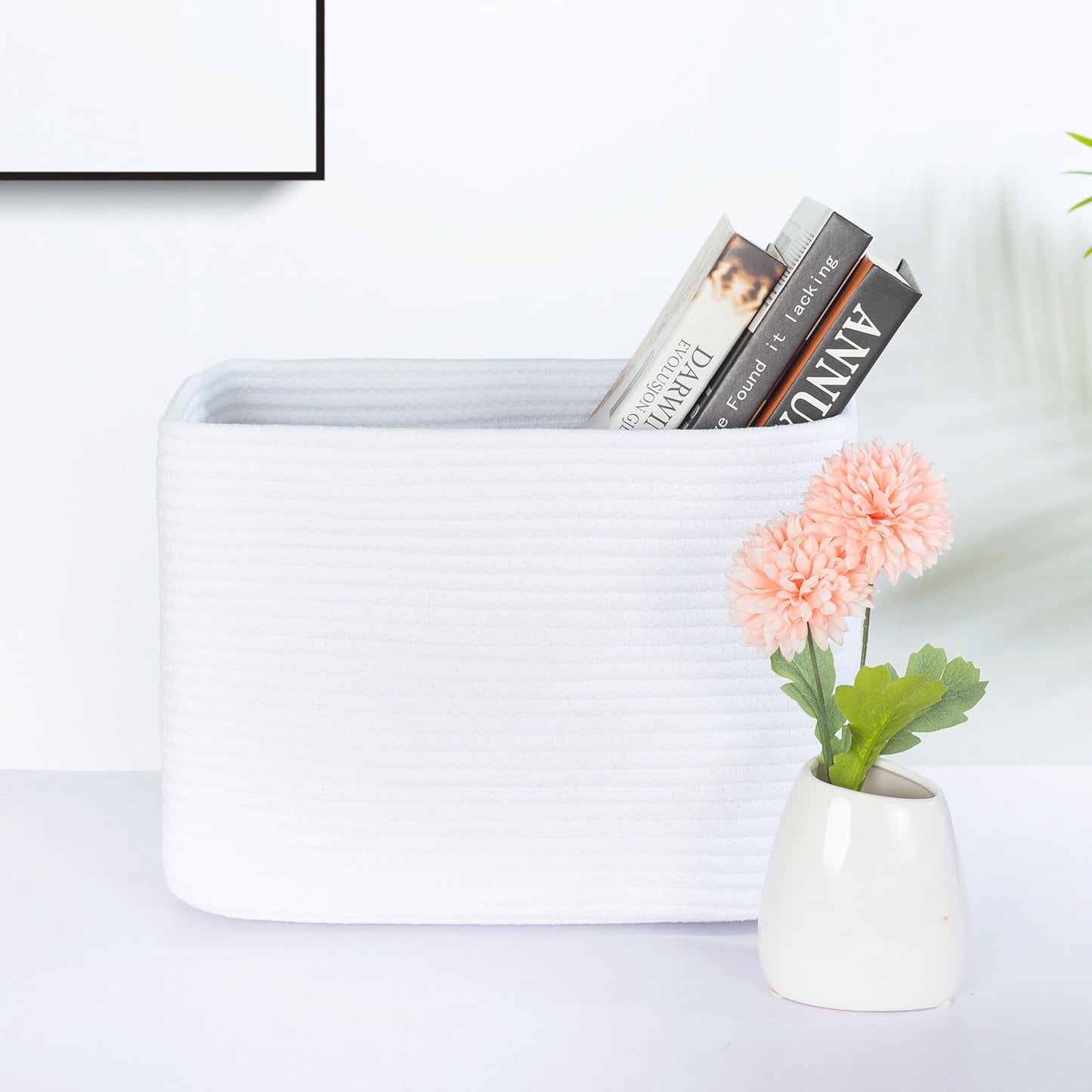 MINTWOOD Design 3-Pack Decorative Woven Storage Baskets for Shelves, Cube Bin Box for Organizing Books, Shoes, Dog Toys, Pantry Closet and Living Room Organizer, Full White