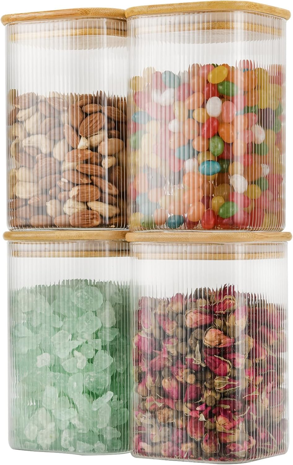 37oz Airtight Glass Square Storage Canisters with Bamboo Lids Set of 4 (1100ml) Striped Stackable Containers, Kitchen Jars for Pantry Noodles, Flour and Coffee beans (‎with Black Lable)