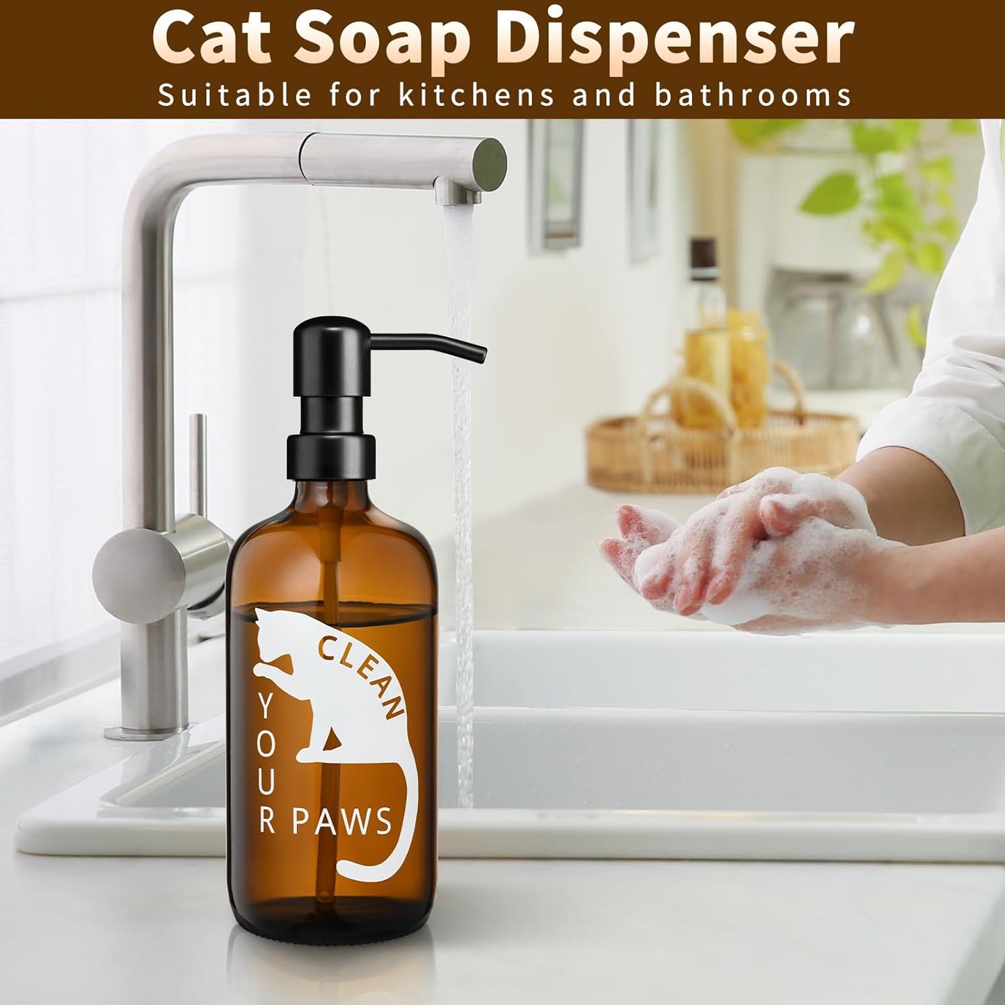 Glass Cat Soap Dispenser 17 oz with 304 Stainless Steel Pump for Kitchen and Kids Bathroom