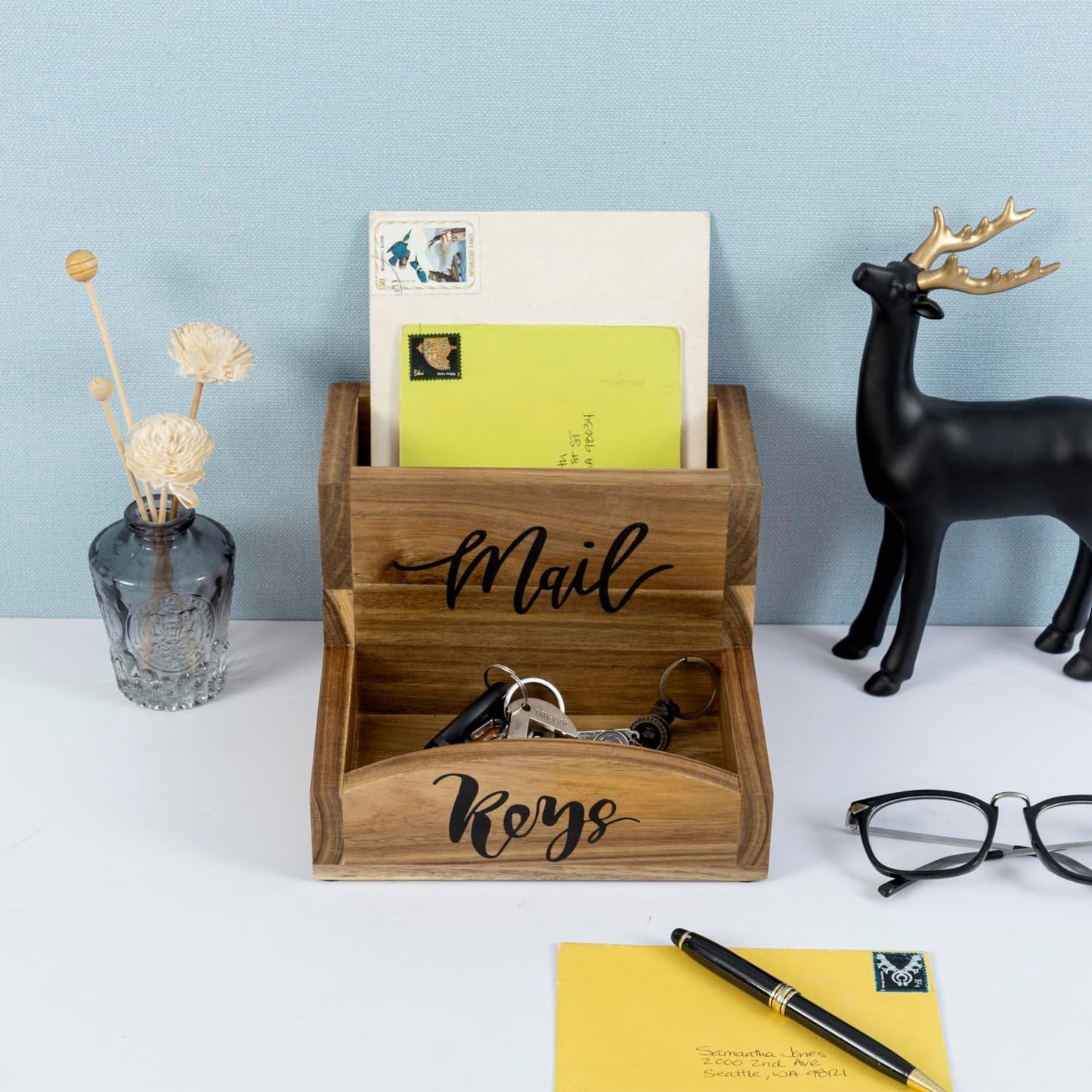 MyGift Premium Acacia Solid Wood Mail Holder and Key Organizer, Entryway Storage Tray or Office Desktop Organizing Bin with Black Cursive Lettering Labels