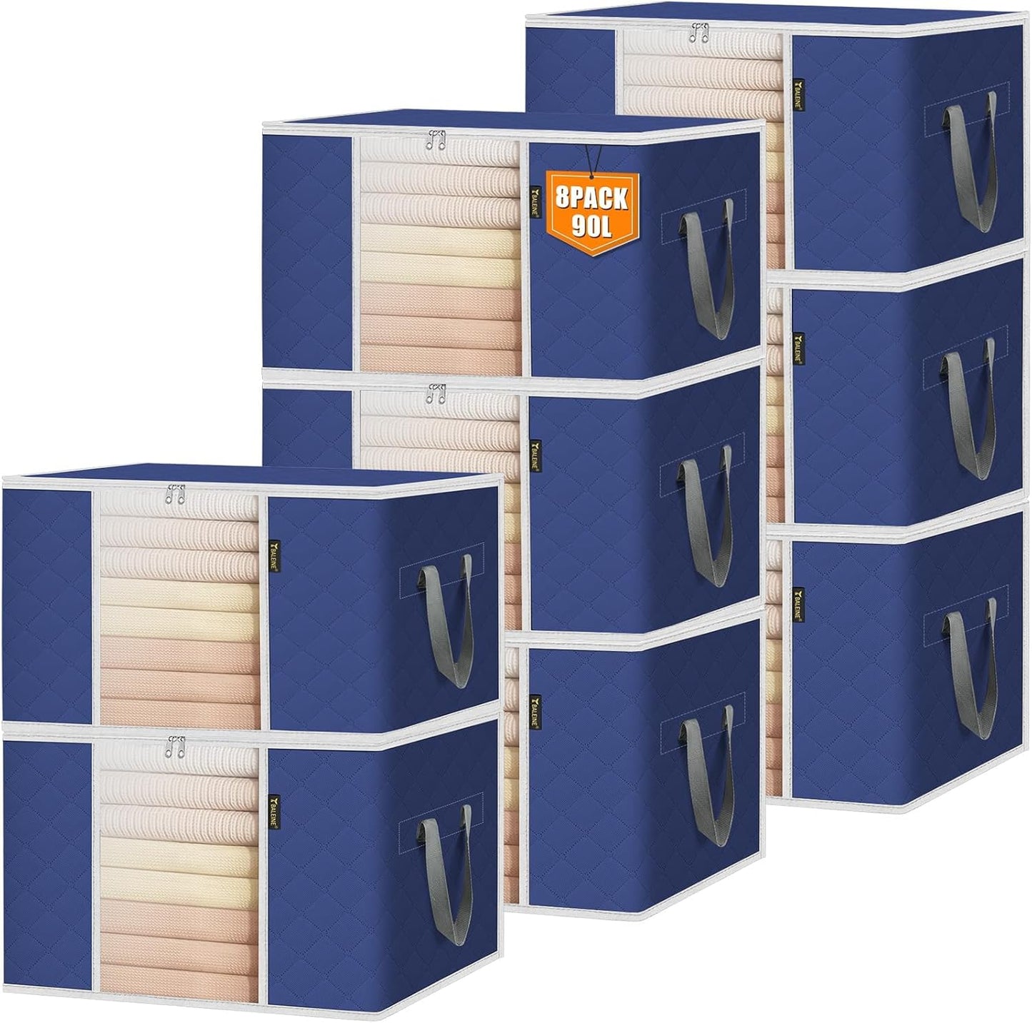BALEINE 8 Pack Clothes Storage Bags, 24 Gallon Storage Containers with Reinforced Handle, Sturdy Zipper, Closet Organizer for Blanket, Comforter, Pillow, Bedding (Blue, 8 Pack)