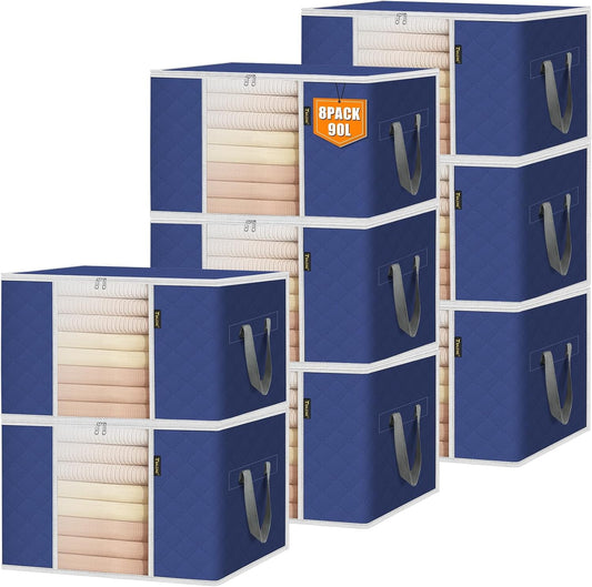 BALEINE 8 Pack Clothes Storage Bags, 24 Gallon Storage Containers with Reinforced Handle, Sturdy Zipper, Closet Organizer for Blanket, Comforter, Pillow, Bedding (Blue, 8 Pack)