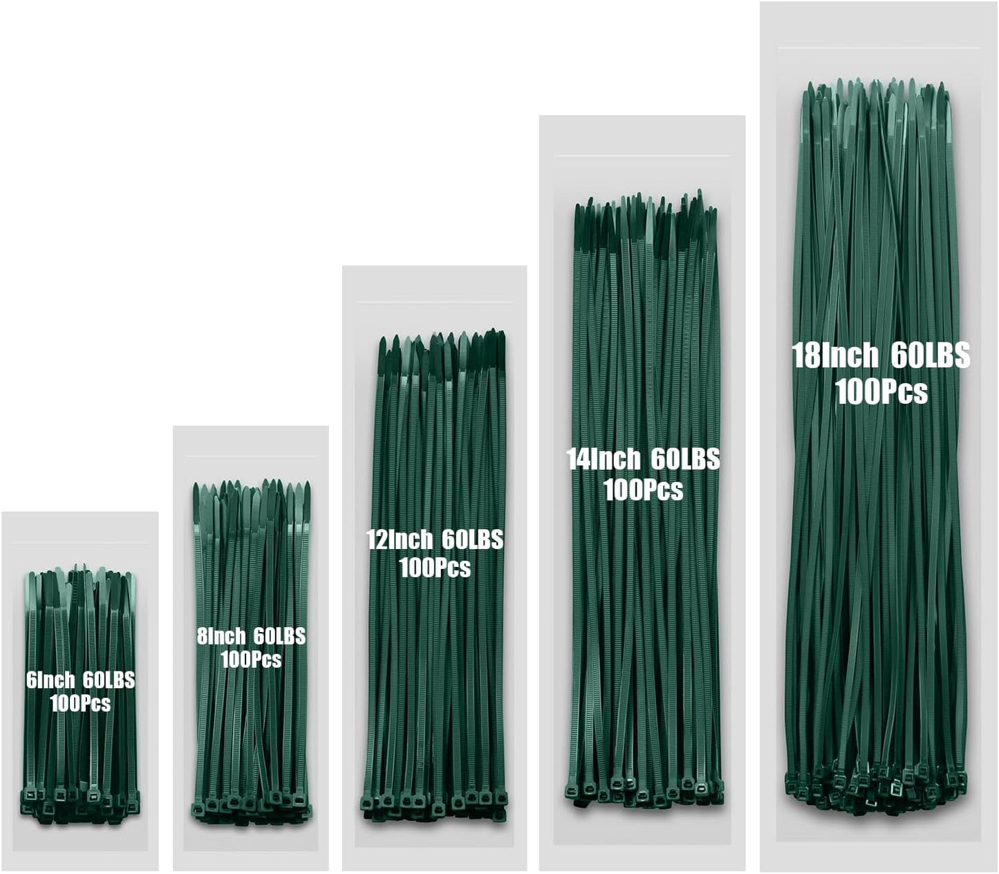 Zip Ties 60 LBS Garden Green Assorted Size,6+8+12+14+18 Inch, 500PCS Tensile Strength Heavy Duty Cable Wire Ties With Self-Locking Adjustable More Durable Nylon Tie Wraps for Indoor Outdoor