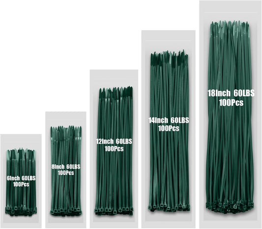 Zip Ties 60 LBS Garden Green Assorted Size,6+8+12+14+18 Inch, 500PCS Tensile Strength Heavy Duty Cable Wire Ties With Self-Locking Adjustable More Durable Nylon Tie Wraps for Indoor Outdoor