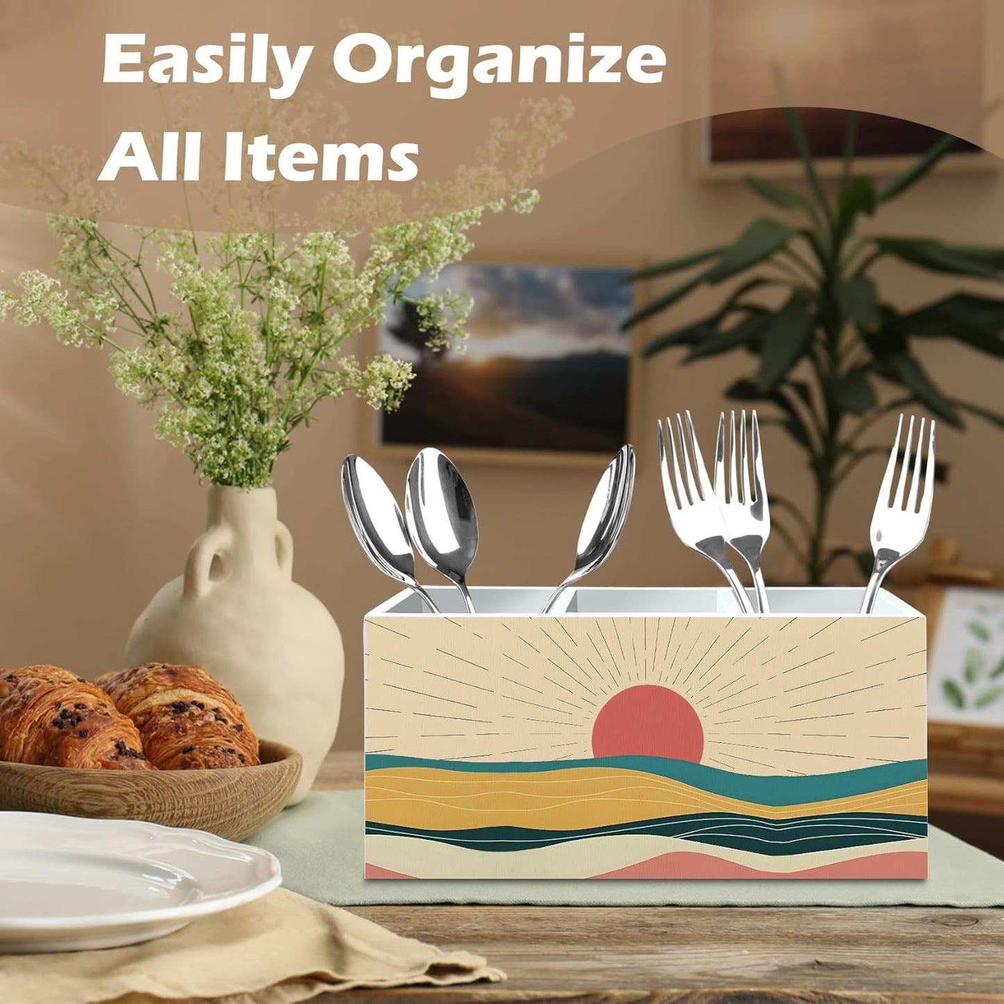 DILSJ Boho Abstract Sunshine Pen Pencil Holder Organizer for Desk, Boho Office Decor, Mid Century Modern Minimalist Sunshine Landscape Wooden Box Signs for Home Office Desk Tabletop Decoration