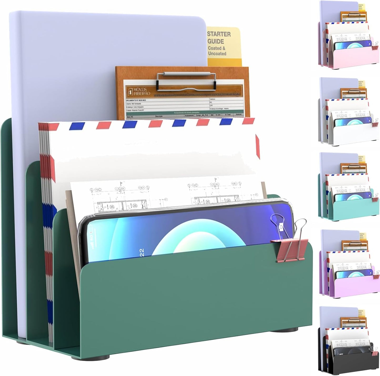 Mail Organizer Countertop, Small Desk File Organizer, Metal File Holder - Essential Workspace Organizers for Office Desk, Home Office (Green)