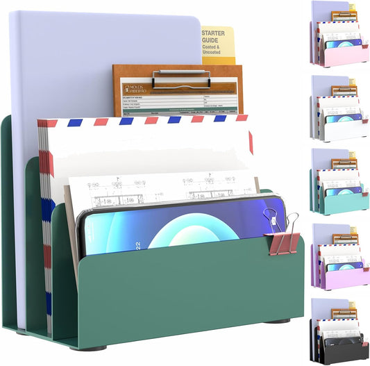 Mail Organizer Countertop, Small Desk File Organizer, Metal File Holder - Essential Workspace Organizers for Office Desk, Home Office (Green)