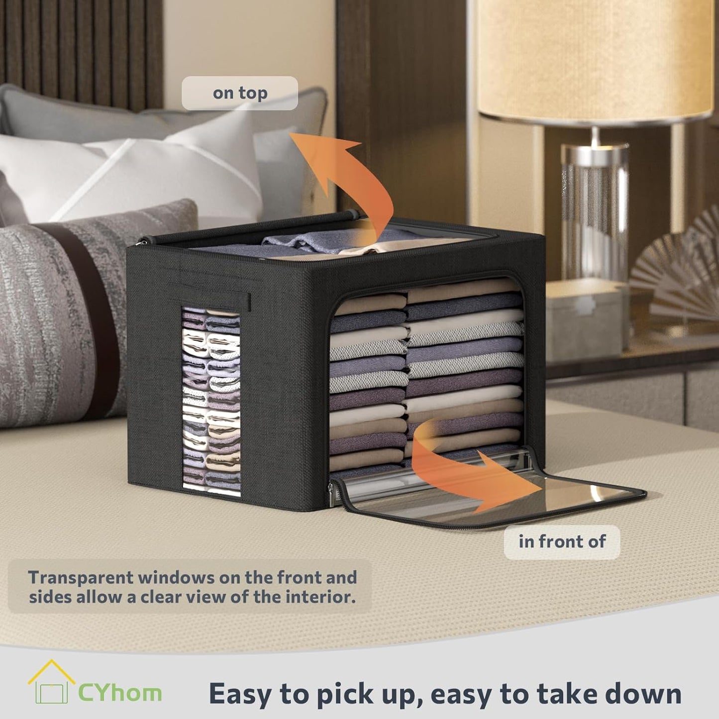 3Pack Foldable Storage Bins - Frame Storage Box Linen Fabric Stackable Clothes Container Organizer with Clear Window & Carry Handles Large Capacity (Large-66L, Black)