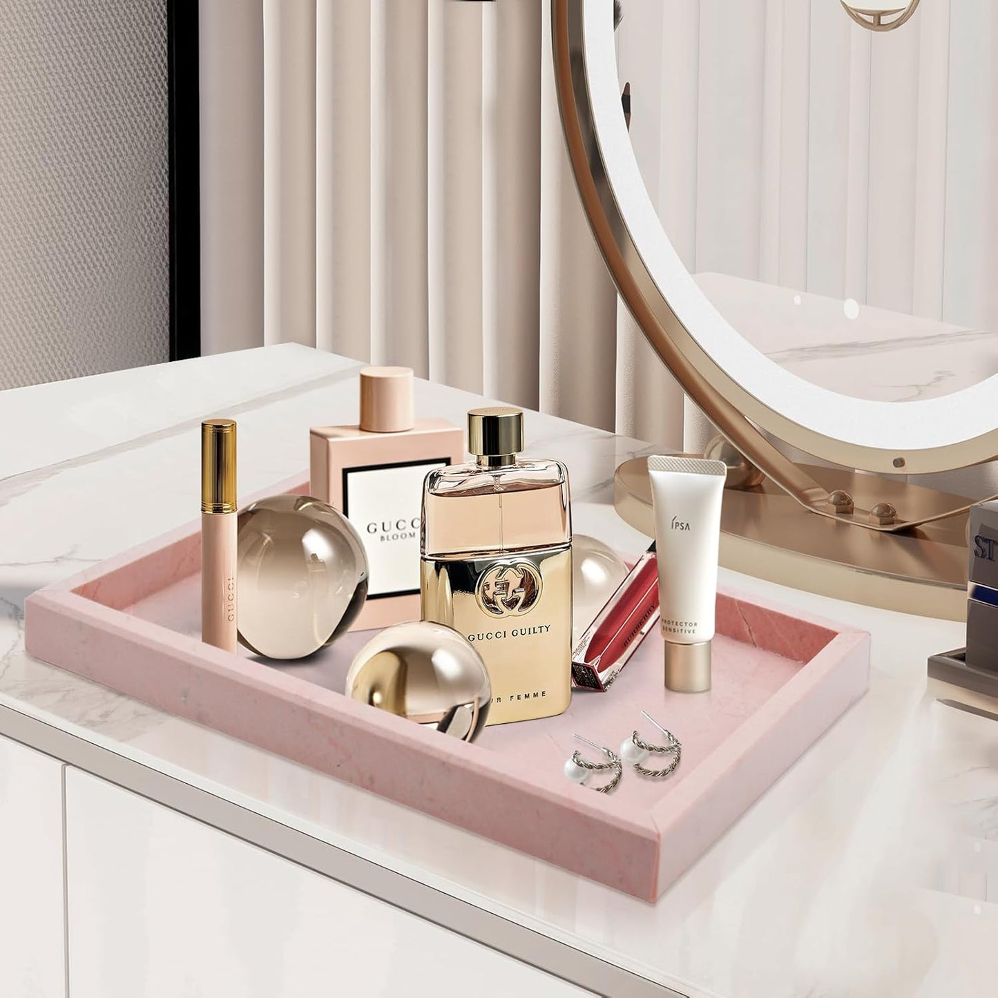 Real Natural Marble Tray for Bathroom, Vanity, Kitchen and Desktop, Rectangle Genuine Marble Stone Tray for Jewelry, Cosmetics, Candles, Lotion, Perfume and Home Decor