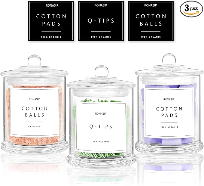 3 Pack Qtip Holder Dispenser, 16oz Bathroom Organizer and Storage Canisters, Glass Apothecary Jars with Lid - Home Decor, Room Decor Aesthetic(Transparent)