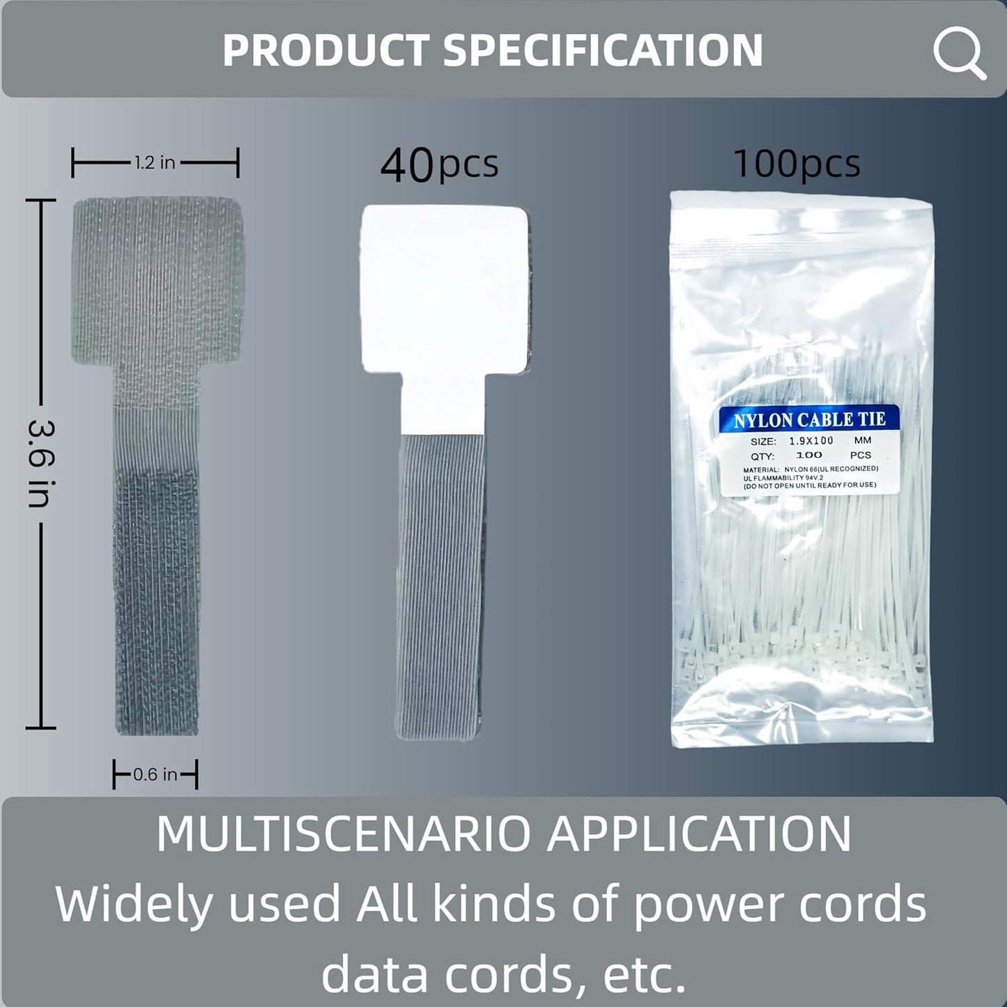 Management Kit Adhesive Hook Loop Straps, Reusable Cable Ties, Cord Org 40 pcs - for Desk/UnderDesk, Home Office, InWall, Kitchen - Wire Clips for Cords,Electronics,Appliances,PC w/100 pcs Cable Tie