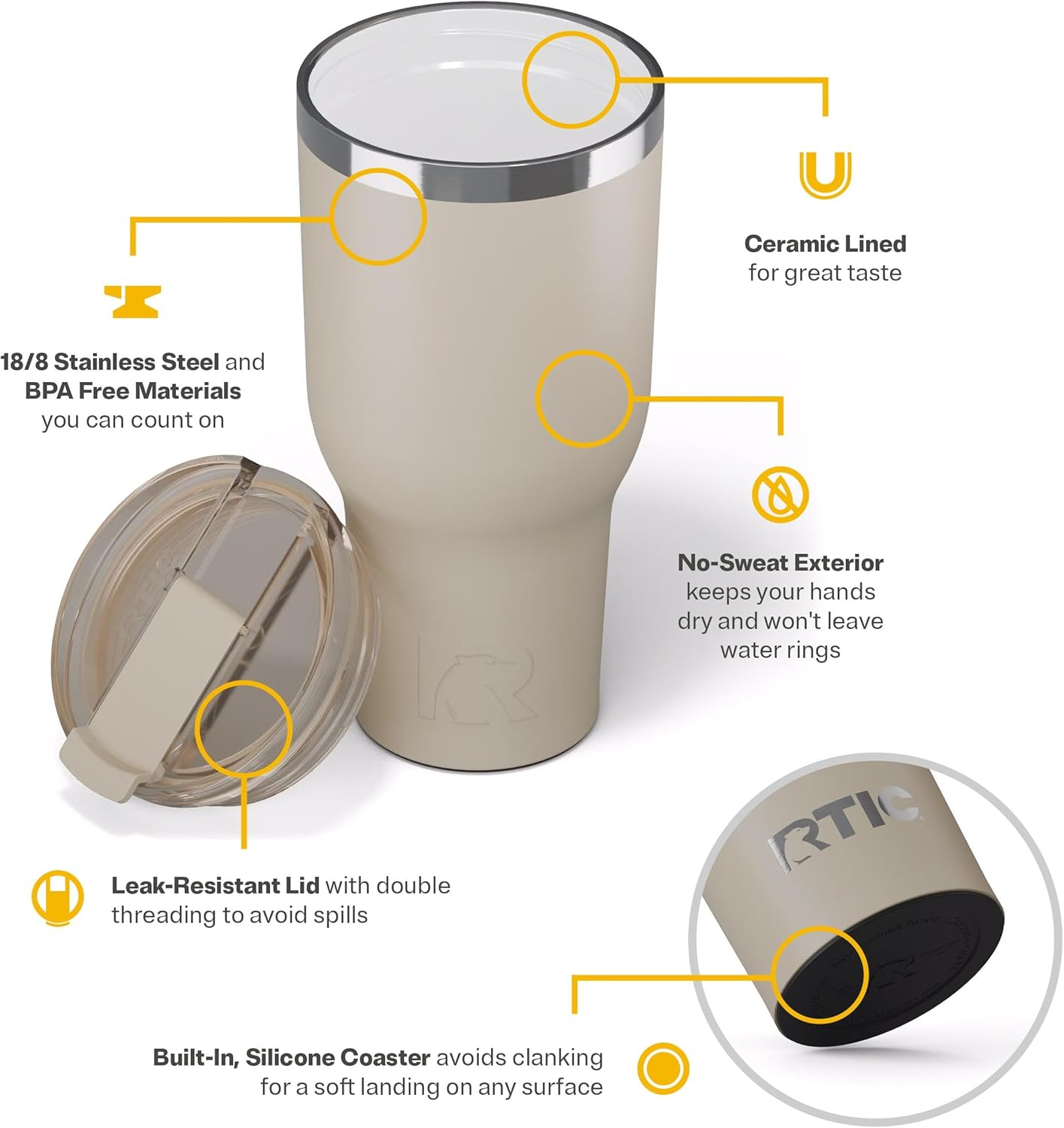 RTIC 40oz Essential Tumbler with Lid, Ceramic Lined, Insulated, Stainless Steel, Metal, Double Wall Vacuum-Insulation, Travel Cup for Iced Coffee, Tea, Hot and Cold Drink, Beach