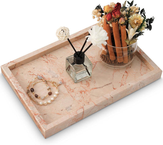 Marble Bathroom Tray,Pure Natural Vanity Tray,Marble Trays for Kitchen Counter Non-Ceramic/Non-Resin,Stone Tray 12 x 8 inch (Pink) ﻿