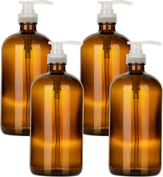kitchentoolz 32 Ounce Large Glass Pump Bottles - Refillable Dispenser for Laundry Detergent, Lotion, Soap, Shampoo, Oils. Amber Bottles with Natural Color Pumps - Pack of 4