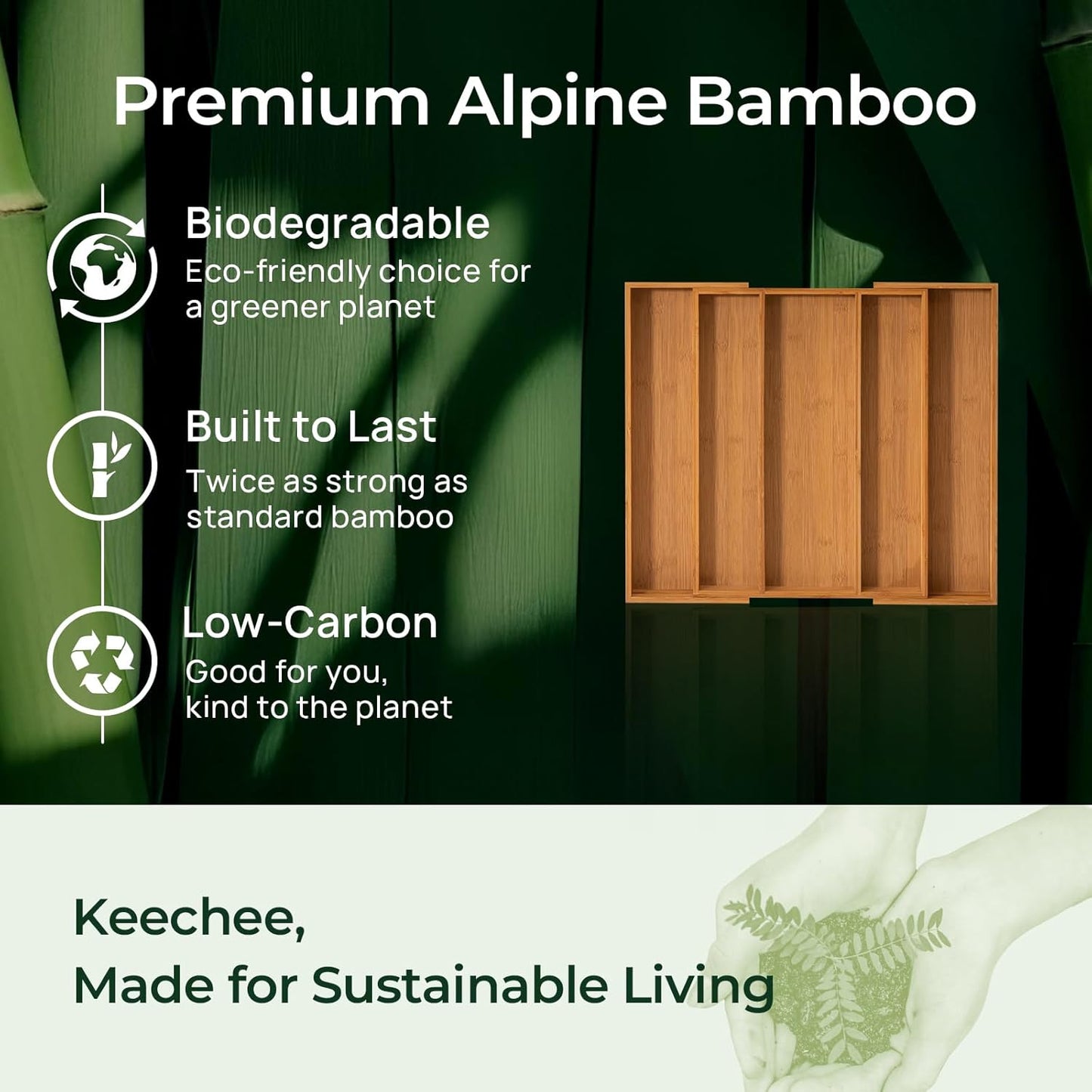 Carbonized Bamboo Kitchen Drawer Organizer, 5 Slots Expandable Silverware Organizer, Utensil Holder & Cutlery Tray, 2.2" Deep for Extra Capacity, Non-Slip Feet Included