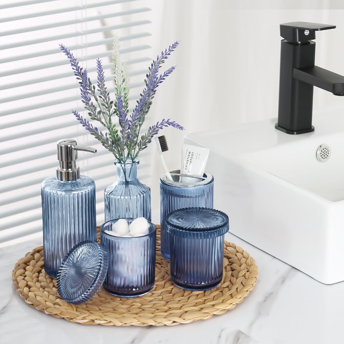 Blue Bathroom Accessories 5 Pcs, Glass Bathroom Accessory Set, Vintage Blue Bathroom Set, Royal Soap Dispenser and Toothbrush Holder Set, Qtip Holder, Small Flower Vase, Modern Bathroom Decor
