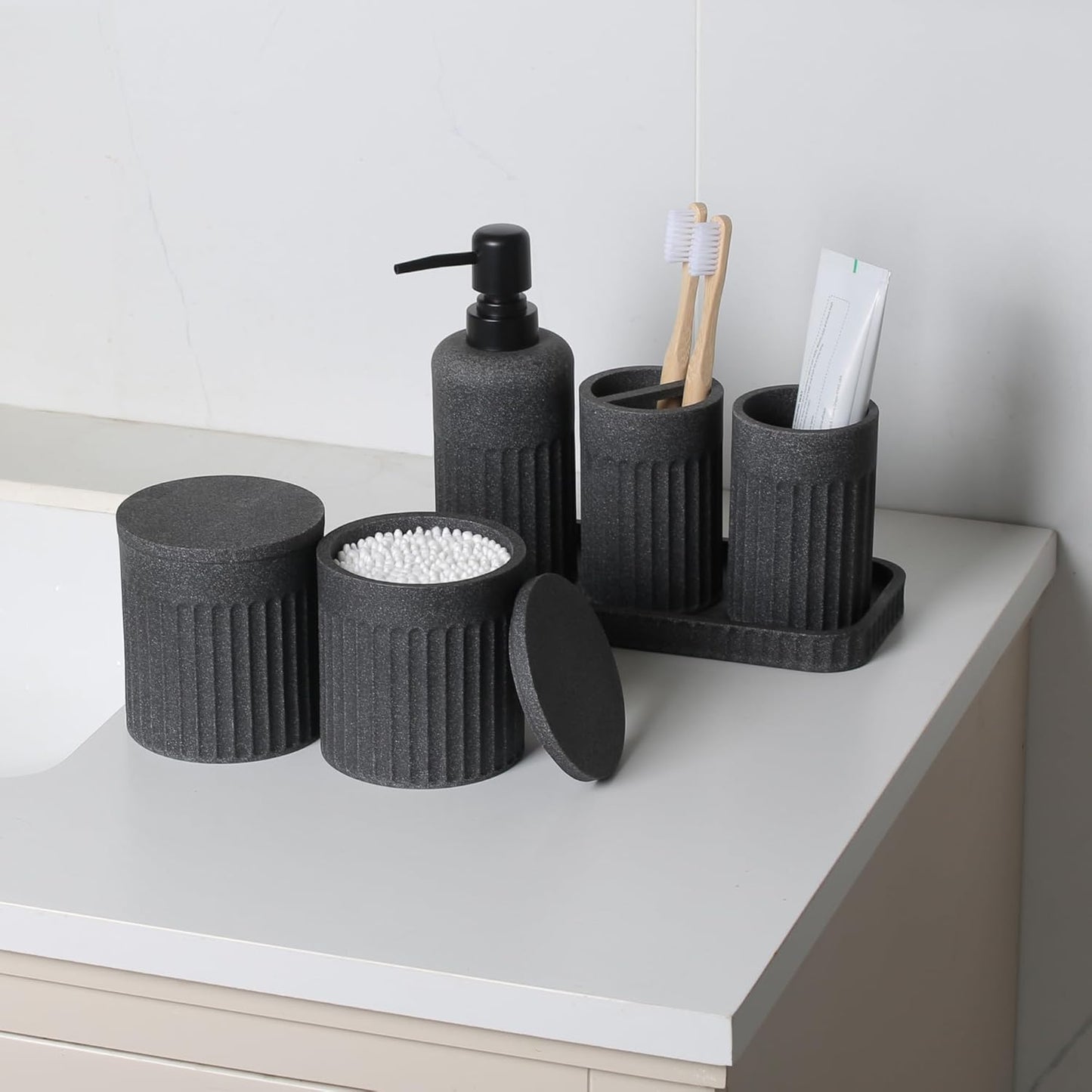 Bathroom Accessory Set - 6 Pieces Bathroom Accessories Set Complete with Soap Dispenser, Toothbrush Holders, Tumbler, Vanity Tray and 2 Qtip Holder for Home Organizer and Decor, Dark Grey