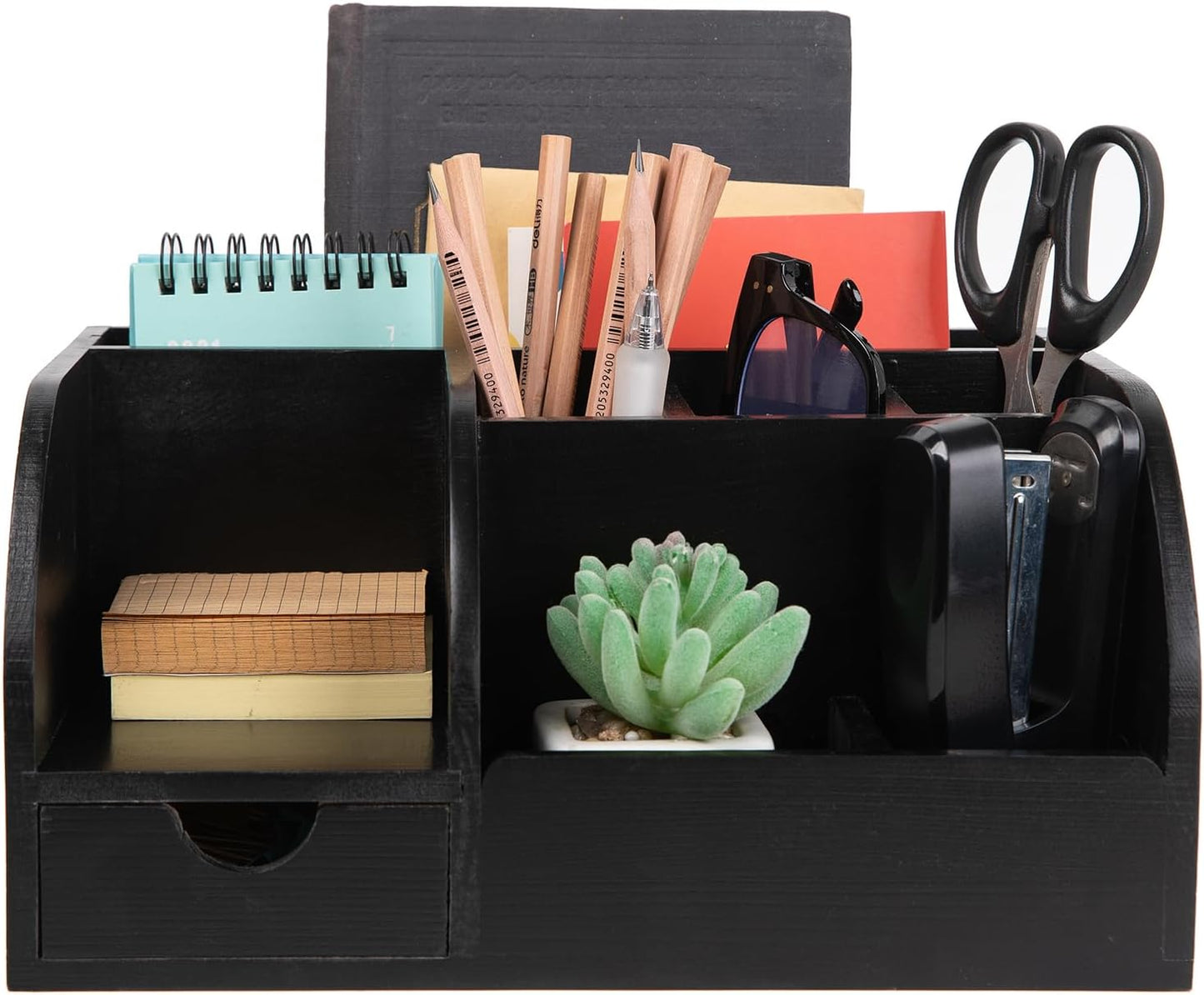 Office Desk Drawer Supply Organizer and Accessories, Wood Desk Organizer with 6 Compartments & 1 Drawer Binders Folder Papers Holder Pen Holder Office Desktop File Organizer (black)