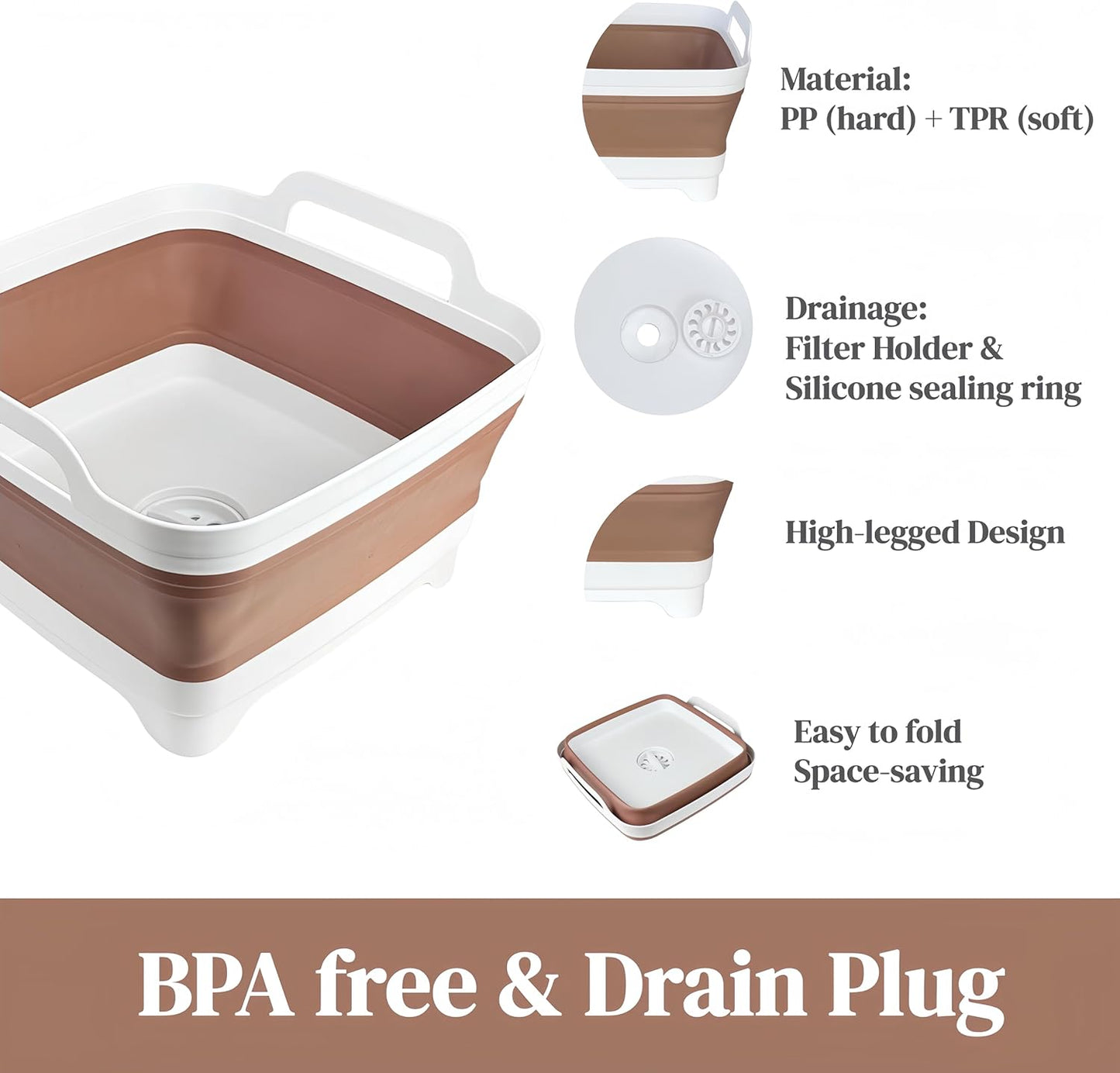 Collapsible Wash Basin for Baby Bottles - 2.4 Gallons Portable Wash Bin for RV Camping Sink, Space-Saving Dish Tub (Mocha)