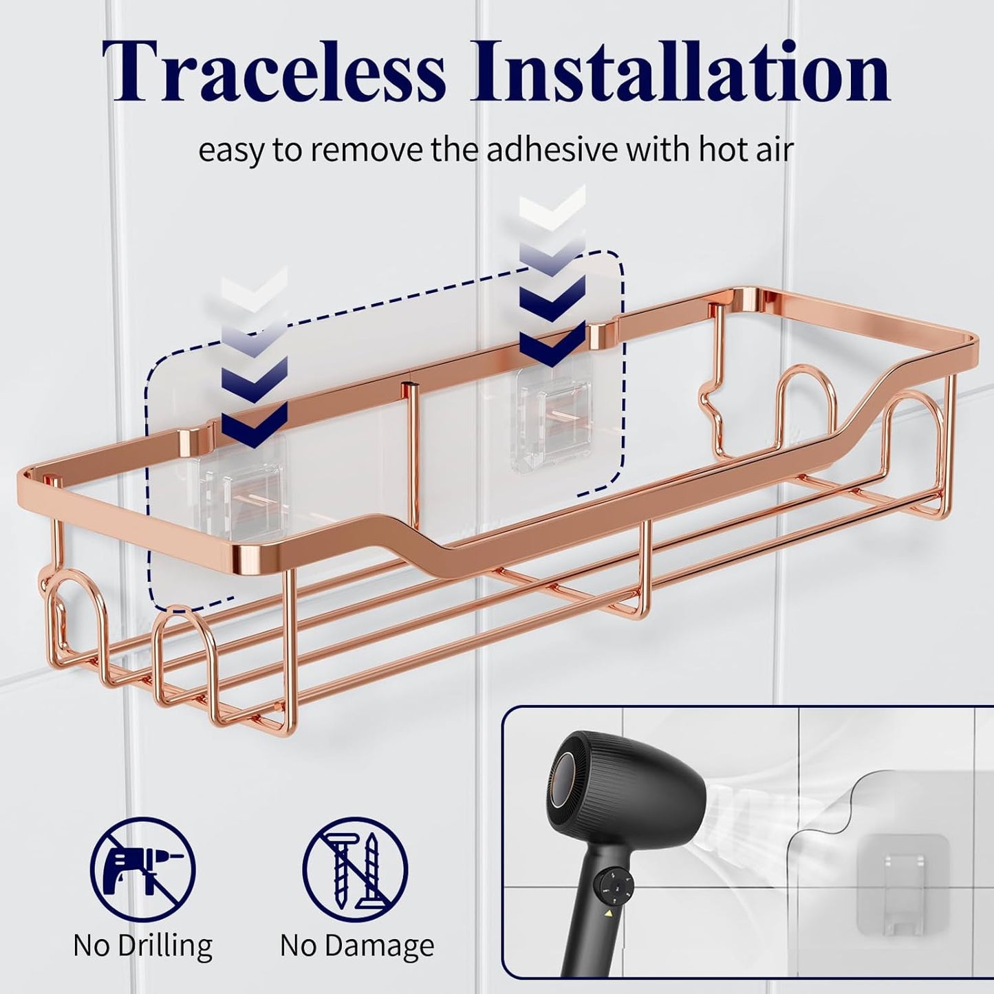 Kitsure Shower Caddy Large - Adhesive Shower Organizer, Stainless Steel Shelf for Inside Shower, No Drill Bathroom Organizers and Storage, Home Decor Accessories, 2 Pack, Rose Gold