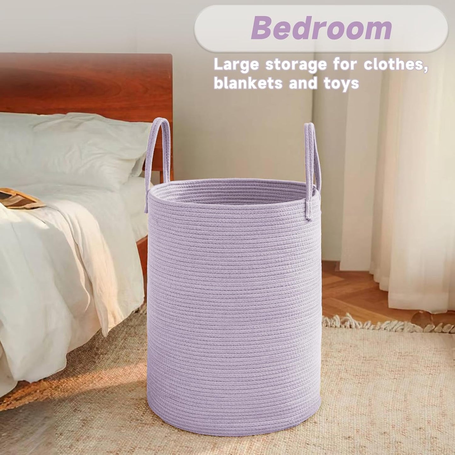 Large Woven Laundry Basket Hamper,100L Cotton Rope Storage Bin for Blankets,Toys and Clothes,Decorative Tall Nursery Hamper for Living Room,Baby Nursery,Bathroom and Bedroom,Purple