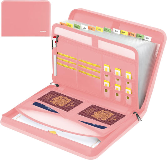 Accordion File Organizer,13 Pockets Fireproof Expanding File Folder with Multi Pockets,Portable Business Fire Safe Storage Document Organizer Folder with Zipper for Documents and File,Pink