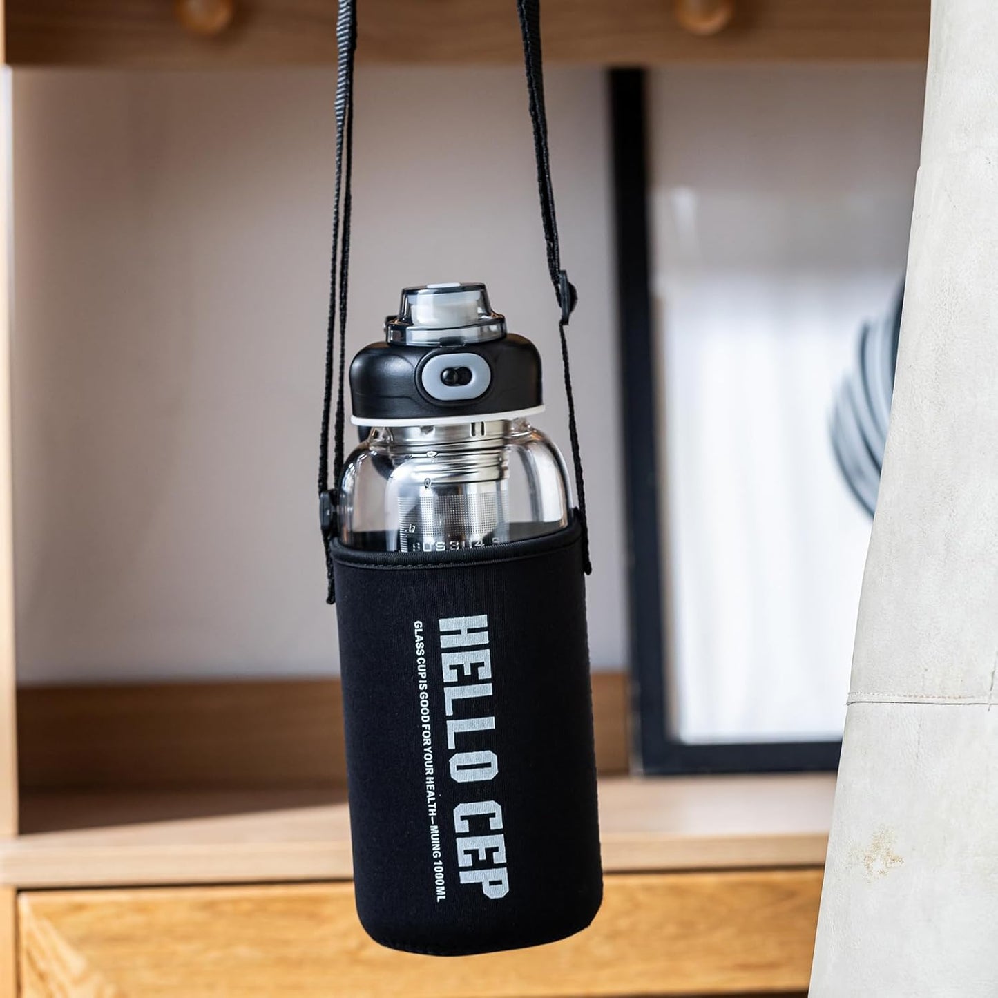 34oz Glass Water Bottle with capacity Mark & Stainless Steel Tea Strainer-Large Capacity for Hot/Cold Drinks,Coffee,Tea,and Water-Includes Protective Sleeve,Perfect for Home,Office (34oz)