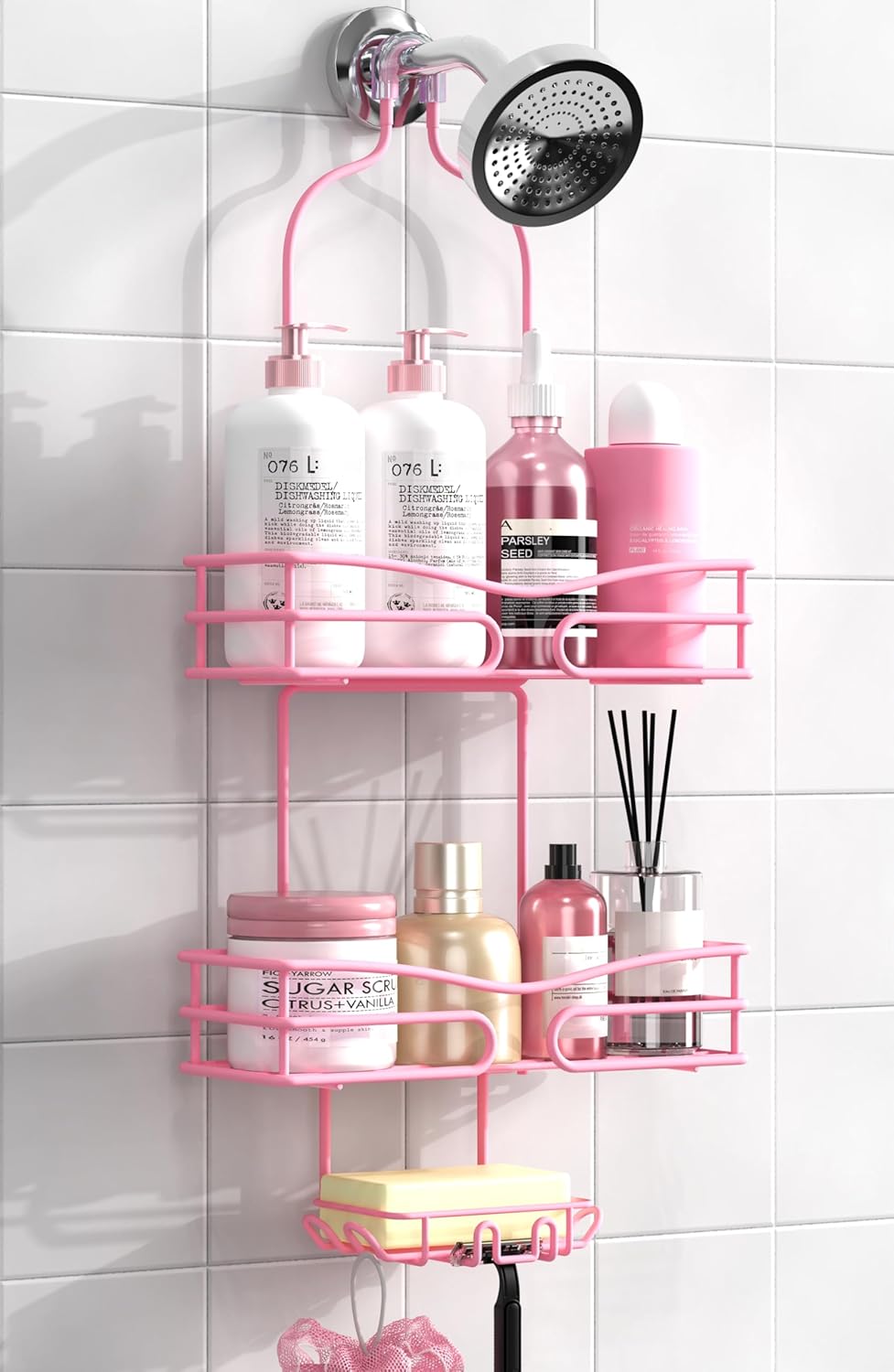 Pink 3-Tier Over Head Shower Caddy with Soap Holder & 6 Hooks - Hanging Shower Caddy for Bathroom Organizer