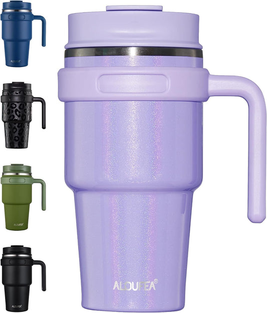 ALOUFEA 20 oz Insulated Coffee Mug Tumbler with Handle, Stainless Steel Travel Mug Tumbler with Lid and Straw, Double Wall Vacuum Leak Proof Ice Coffee Thermal Cup, Lavender Glitter