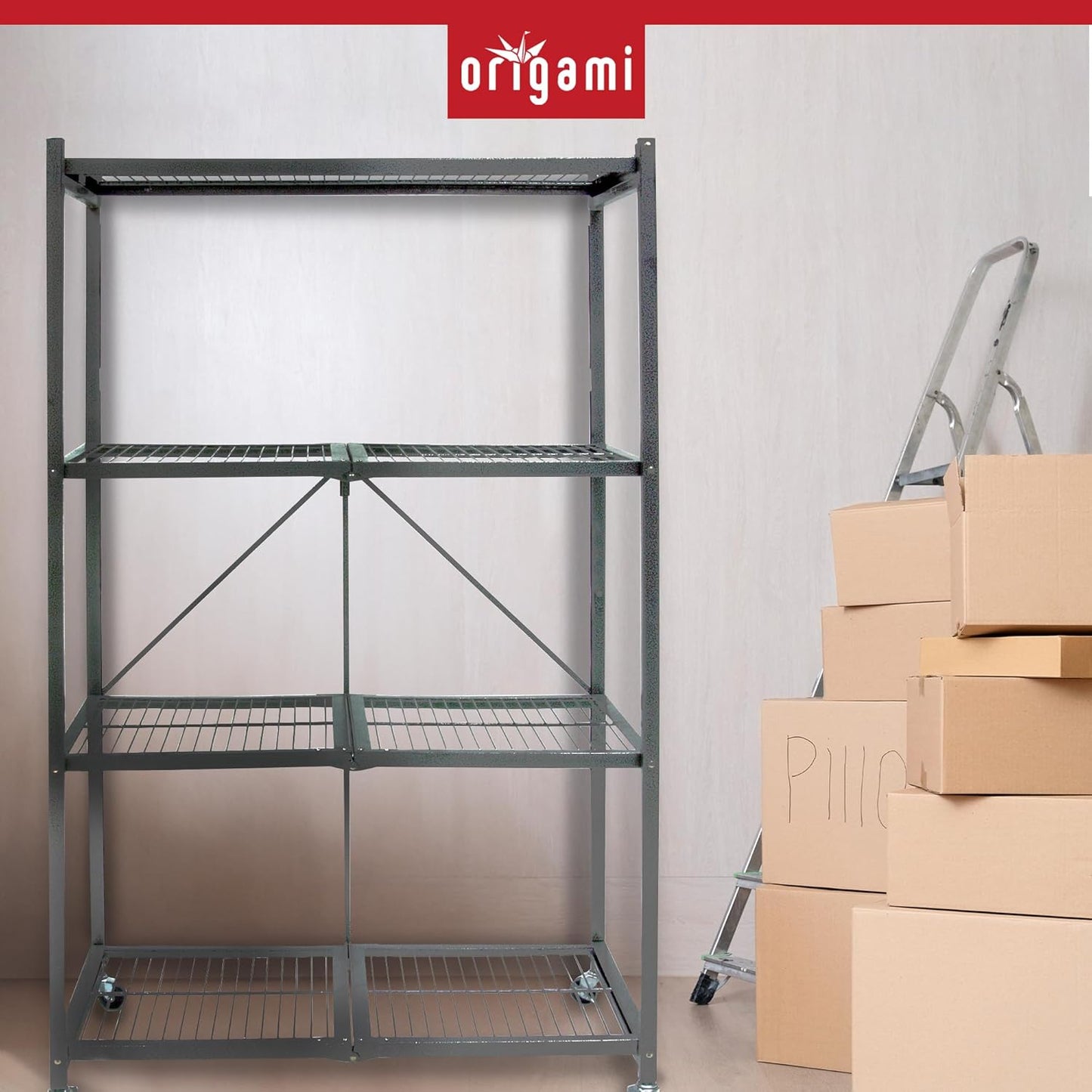 Origami 2-Pack R5 Series Foldable 4-Tier Steel Storage Rack, Pewter – Heavy-Duty Metal Shelving Unit w/ Removable Wheels for Laundry Room or Garage – Rolling Organizer for Home, Office & Warehouse