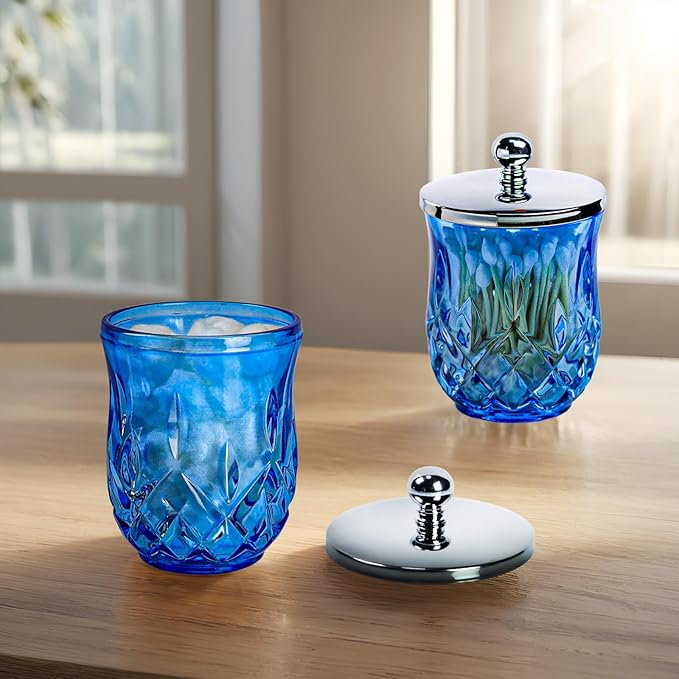 Qtip Holder,10Oz Blue Glass Apothecary Jars with Silver Lids for Bathroom Organization & Desk Storage,Thick Glass Apothecary Jars for Q-Tips,Cotton Rounds,Jewelry,Candy,Round