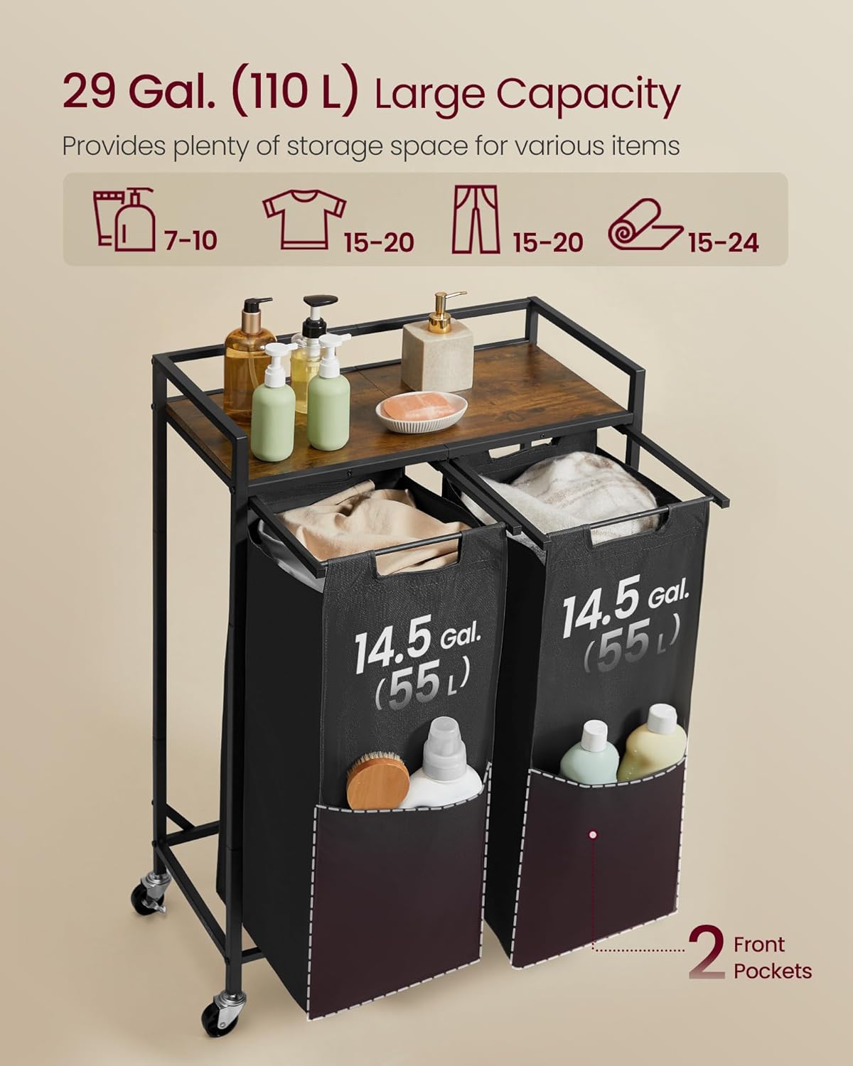 VASAGLE Laundry Sorter, 29 Gal. (110 L) Laundry Hamper Basket with 2 Compartments, Rolling Cart with Wheels, Shelf, Removable Bags, Pockets, Ink Black and Rustic Brown UBLH021B01