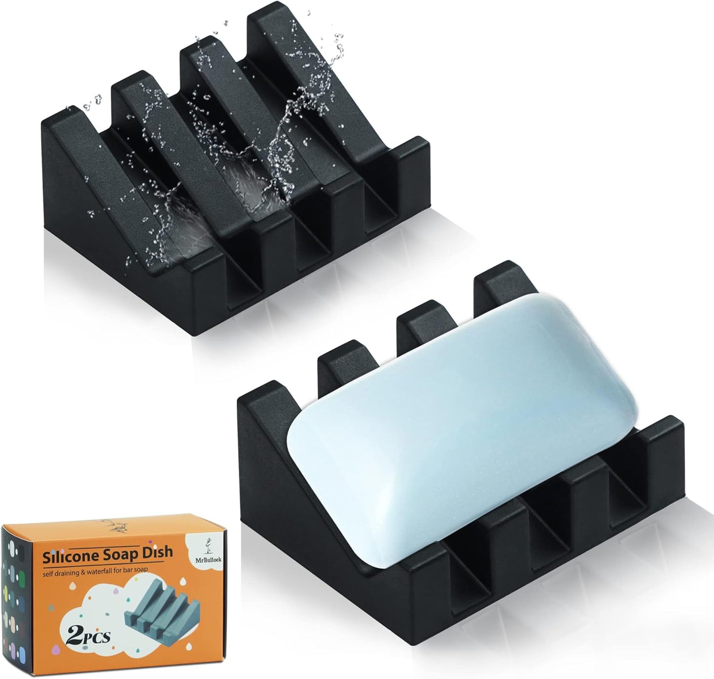 Silicone Soap Dish for Bar Soap Holder for Shower Bathroom Self Draining Waterfall Drying Tray Keep Soap Bars Dry Clean & Easy Cleaning (Black*2, 2)