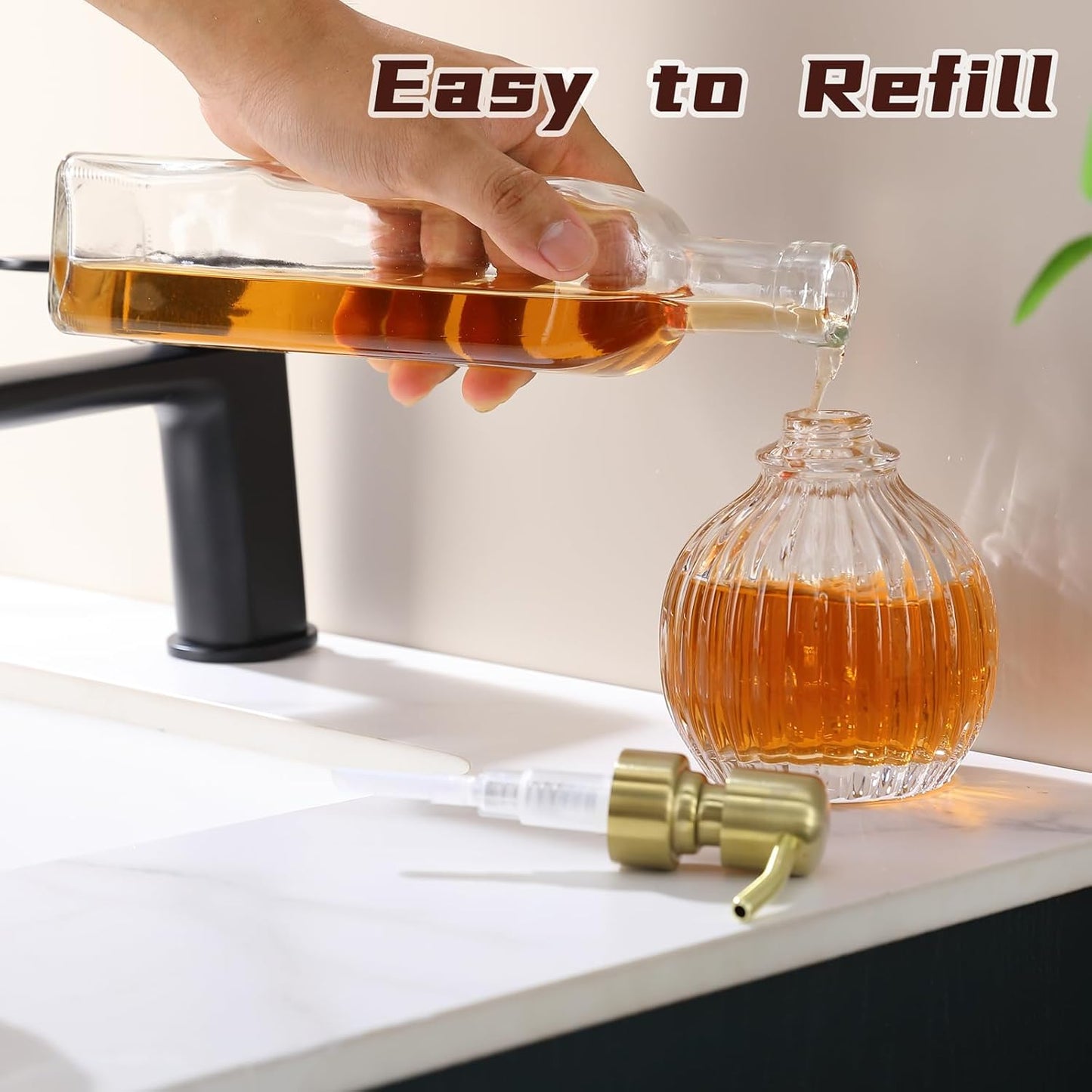 Round Bathroom Soap Dispenser Gold Pump, Glass Bottle with Stainless Steel Pump Liquid Soap Dispenser Sphere Counterto Hand Kitchen
