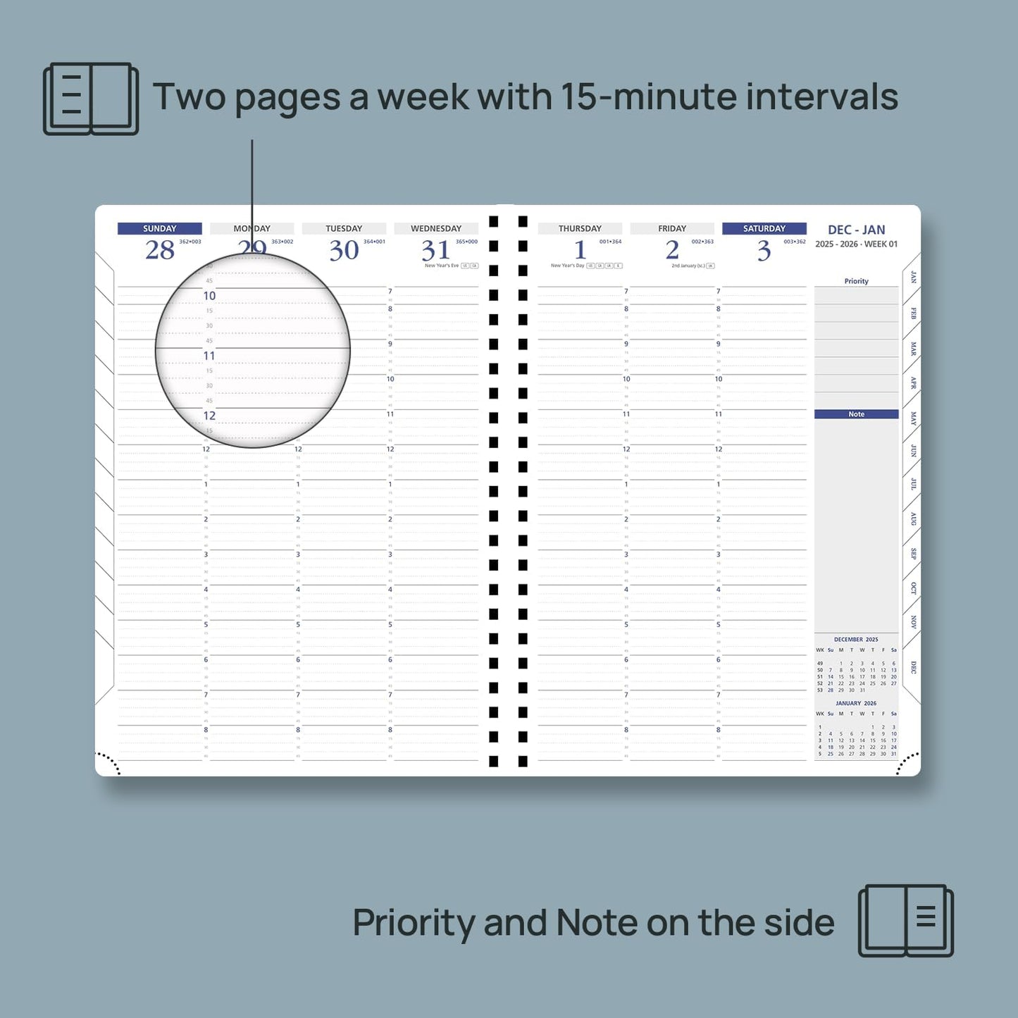 POPRUN 2026 Weekly Planner (A4-8.25'' x 11.75''), Quarter-Hourly Appointment Book (Jan. 2026 to Dec. 2026) with Monthly Tabs, Spiral Softcover, 2 Inner Pockets, Pen Holder - Brown