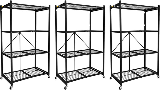 Origami 3 Pack 4 Tier Foldable Metal Garage Storage Shelf Rack, Wheels & Powder Coated Steel, Black